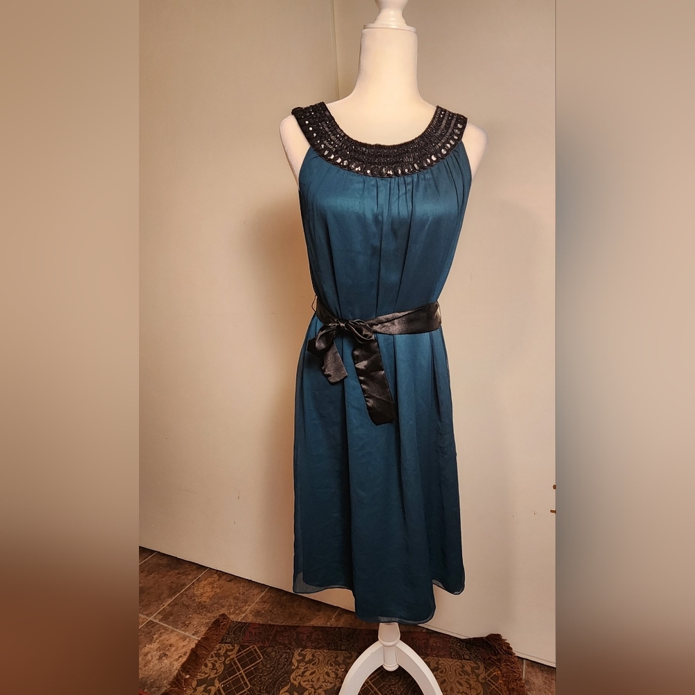 VTG Y2K Teal Party Chiffon Cocktail Dress Black Jewels Size 10 US 12 UK EUC